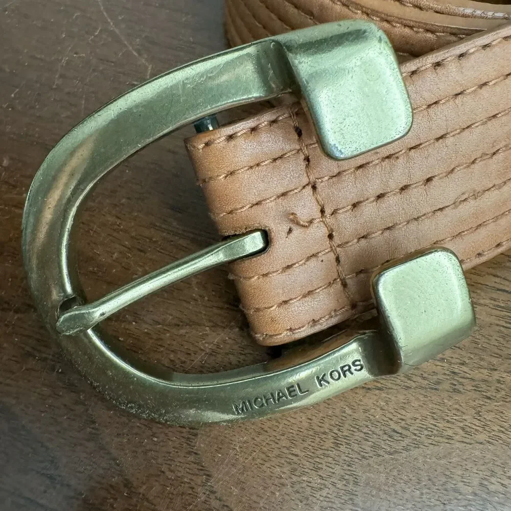 Michael Michael Kors Light Brown Horseshoe Brass Buckle Leather Belt Sz M 553538